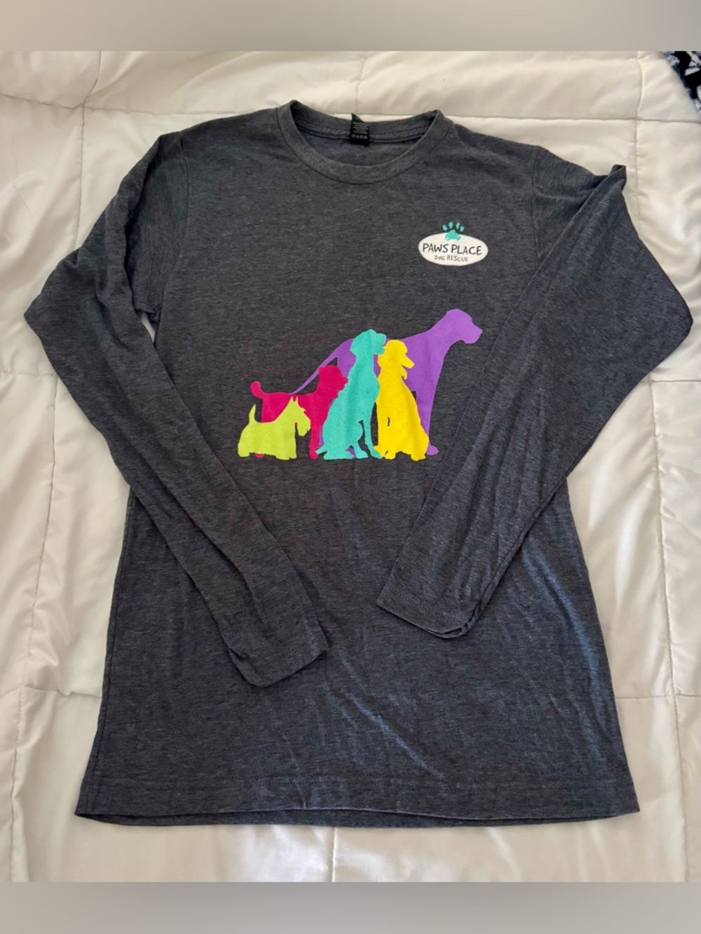 Tultex Dark Gray Long-Sleeve Tee with Bright Multi-Colored Dog Silhouettes